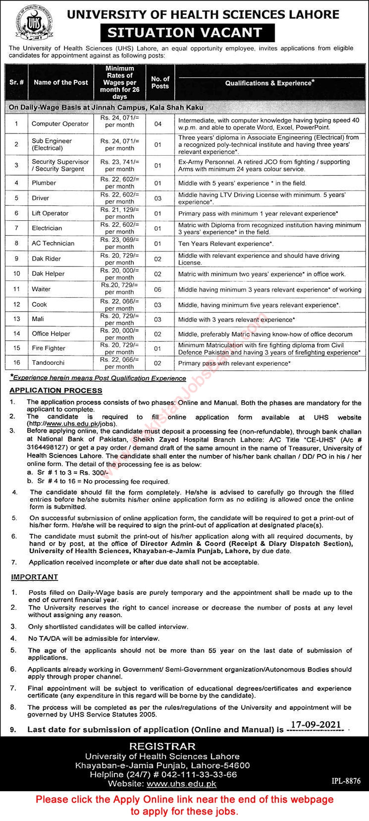 University of Health Sciences Lahore Jobs September 2021 Apply Online UHS Jinnah Campus Kala Shah Kaku Latest