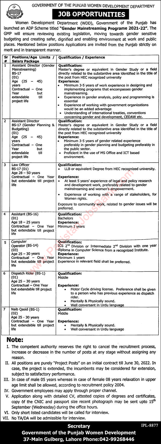 Women Development Department Punjab Jobs September 2021 Computer Operators & Others Latest