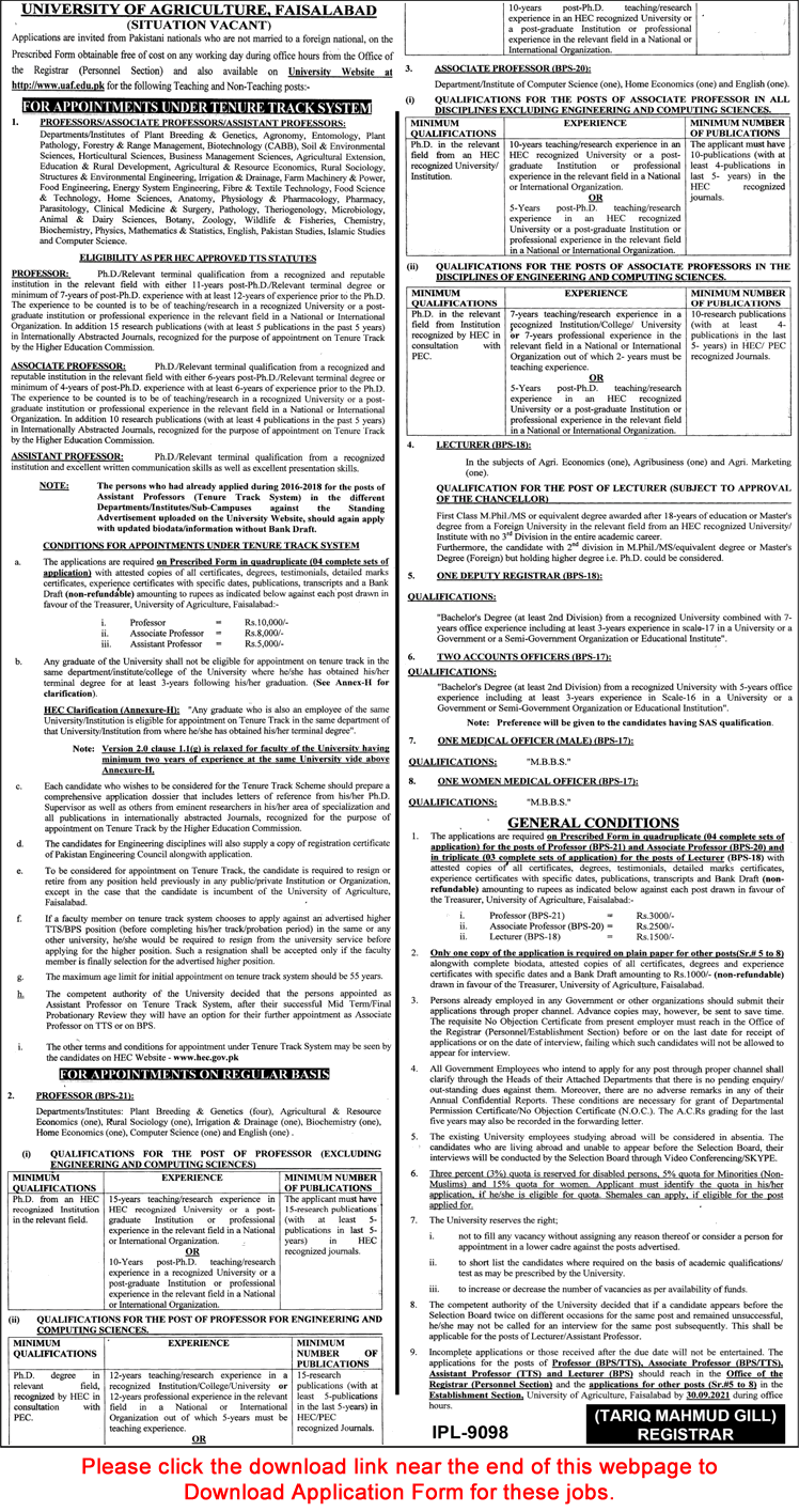 University of Agriculture Faisalabad Jobs September 2021 UAF Application Form Teaching Faculty & Others Latest