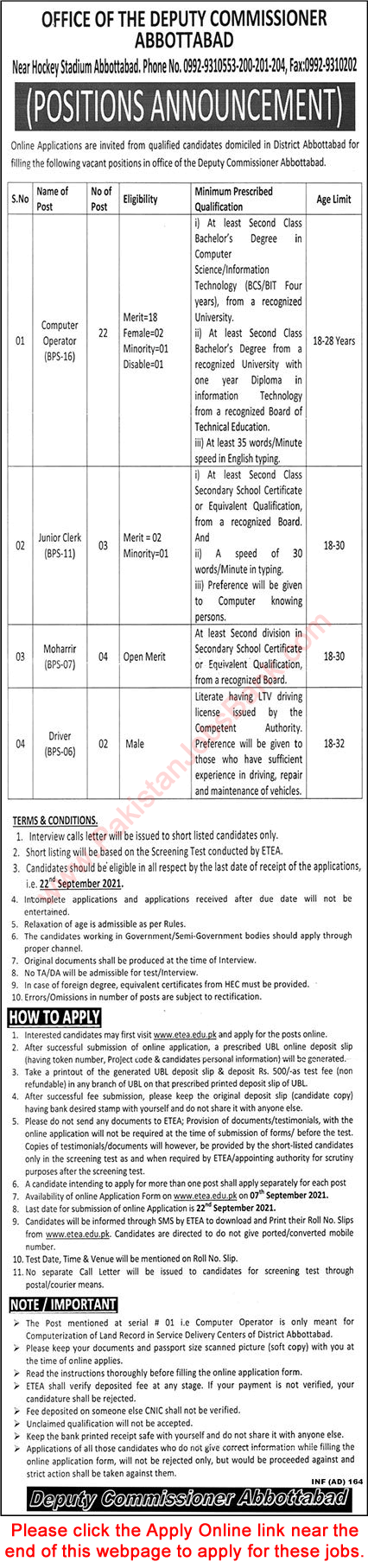 DC Office Abbottabad Jobs 2021 September ETEA Apply Online Computer Operators & Others Latest