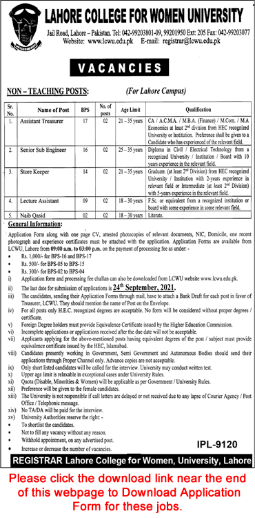 Lahore College for Women University Jobs September 2021 LCWU Application Form Sub Engineers & Others Latest