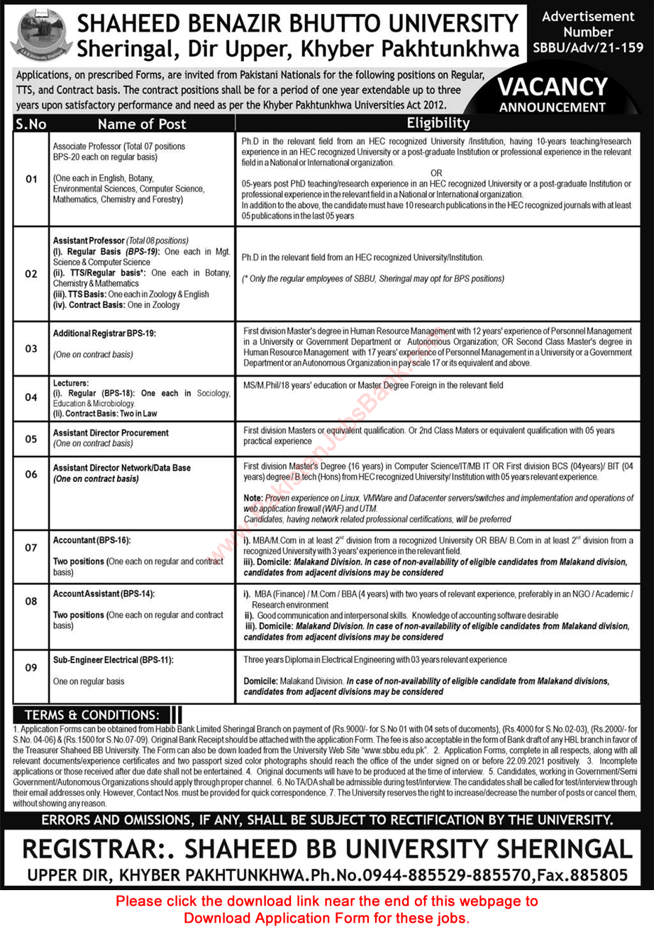Shaheed Benazir Bhutto University Sheringal Jobs September 2021 Application Form Dir Upper Latest