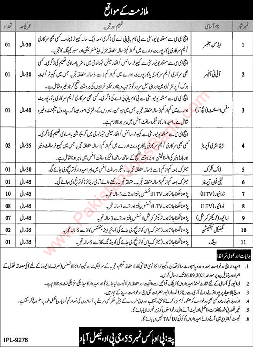 PO Box 55 GPO Faisalabad Jobs 2021 September Public Sector Organization Latest