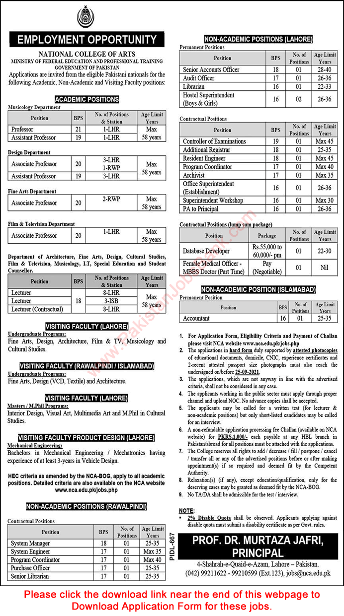 National College of Arts Jobs 2021 September NCA Application Form Teaching Faculty & Others Latest