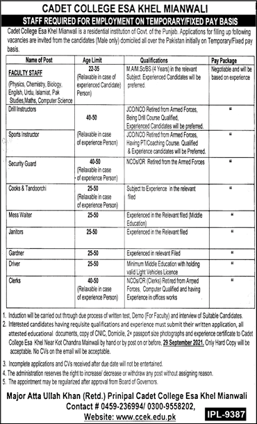 Cadet College Esa Khel Jobs 2021 September Mianwali Teaching Faculty & Others Latest