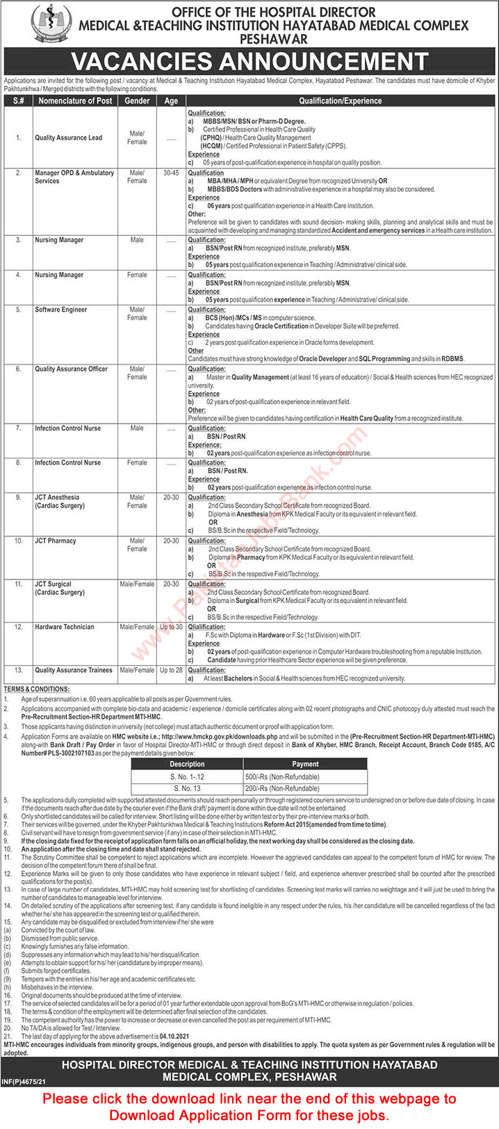 Hayatabad Medical Complex Peshawar Jobs September 2021 MTI Application Form Medical and Teaching Institution Latest