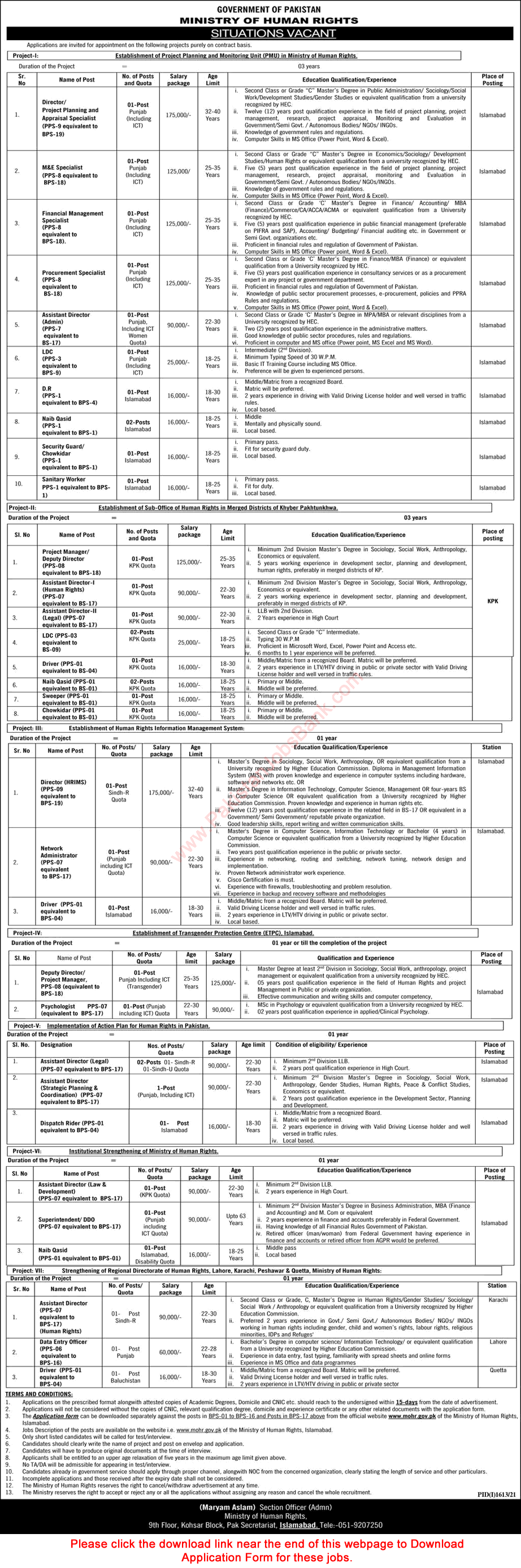 Ministry of Human Rights Jobs September 2021 Application Form Assistant Directors & Others Latest