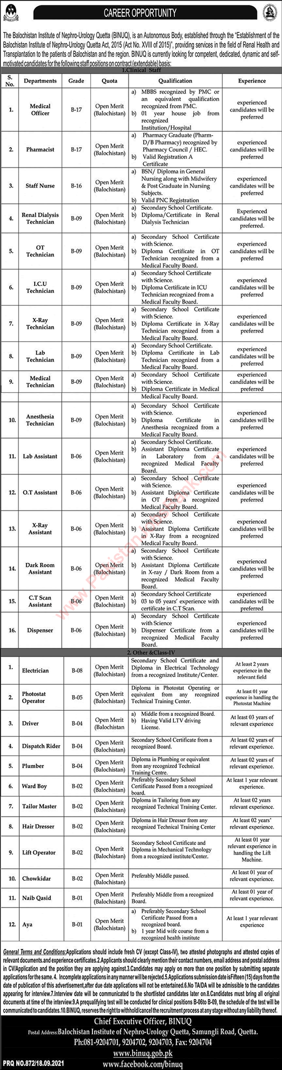 BINUQ Quetta Jobs 2021 September Lab Technicians, Assistants & Others Latest
