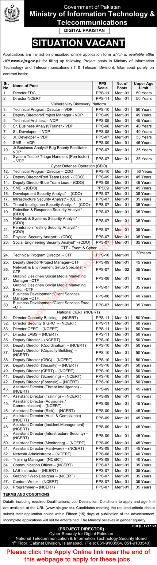 Ministry of Information Technology and Telecommunication Islamabad Jobs September 2021 Apply Online MoITT Latest