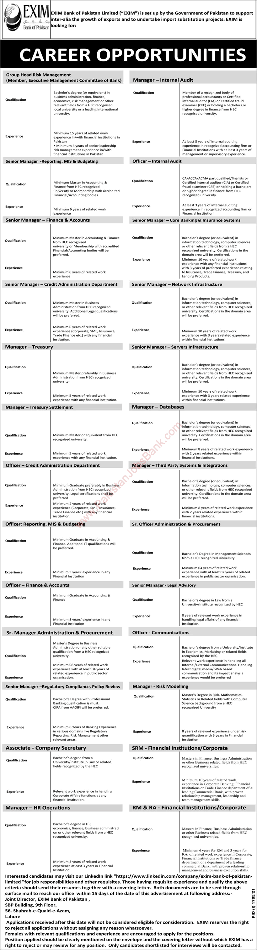 EXIM Bank of Pakistan Jobs 2021 September Senior Managers, Officers & Others Latest