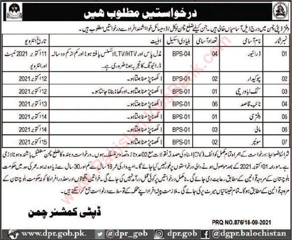 Deputy Commissioner Office Chaman Jobs 2021 September Naib Qasid & Others Latest