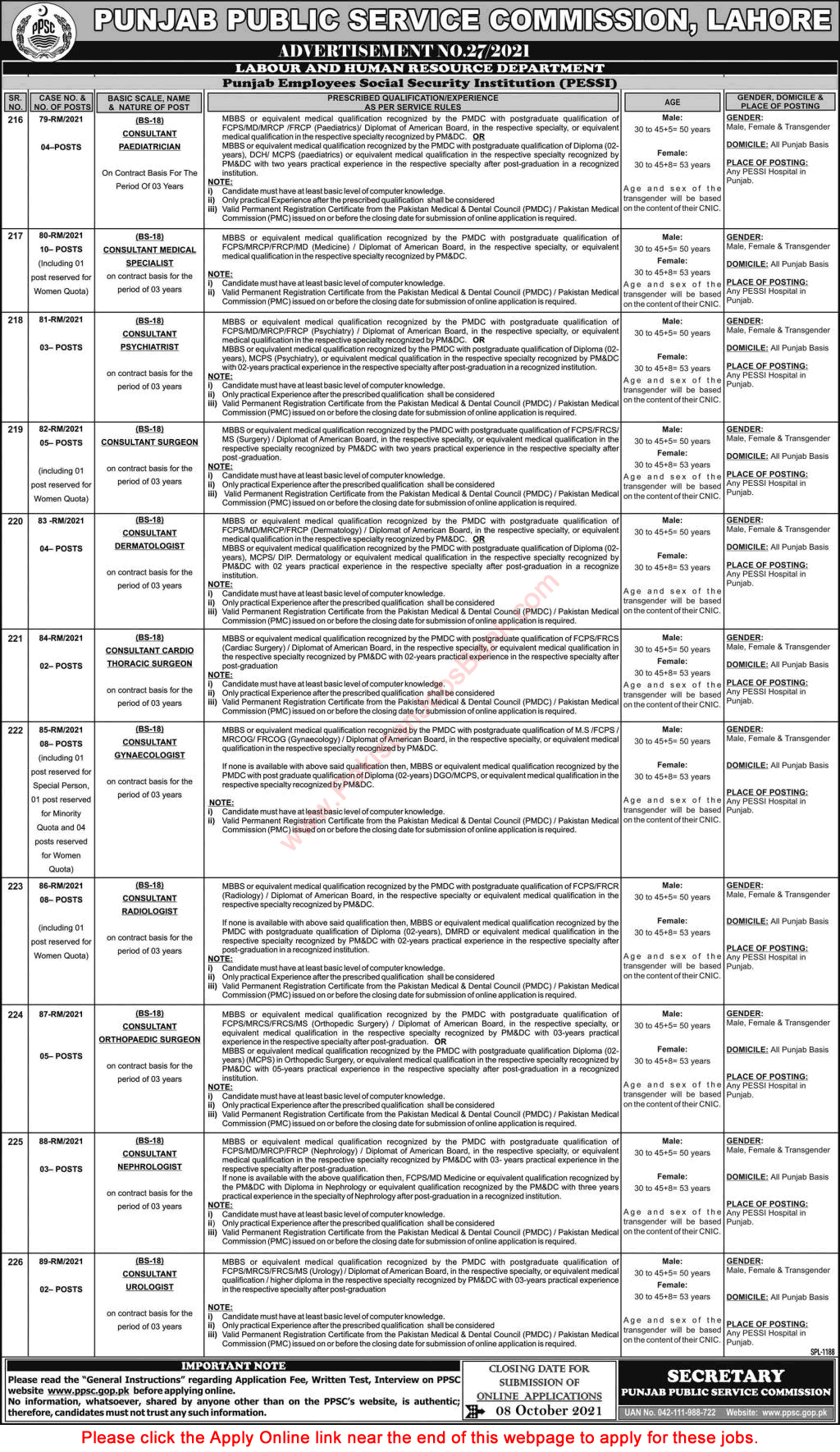Medical Specialist / Consultant Jobs in Punjab Employees Social Security Institution September 2021 PPSC Online Apply PESSI Latest