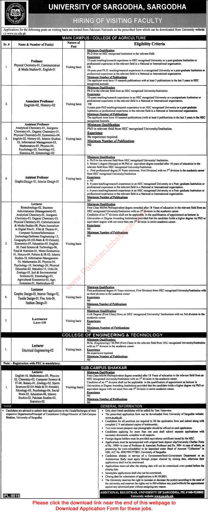 Teaching Faculty Jobs in University of Sargodha 2021 September UOS Application Form Latest