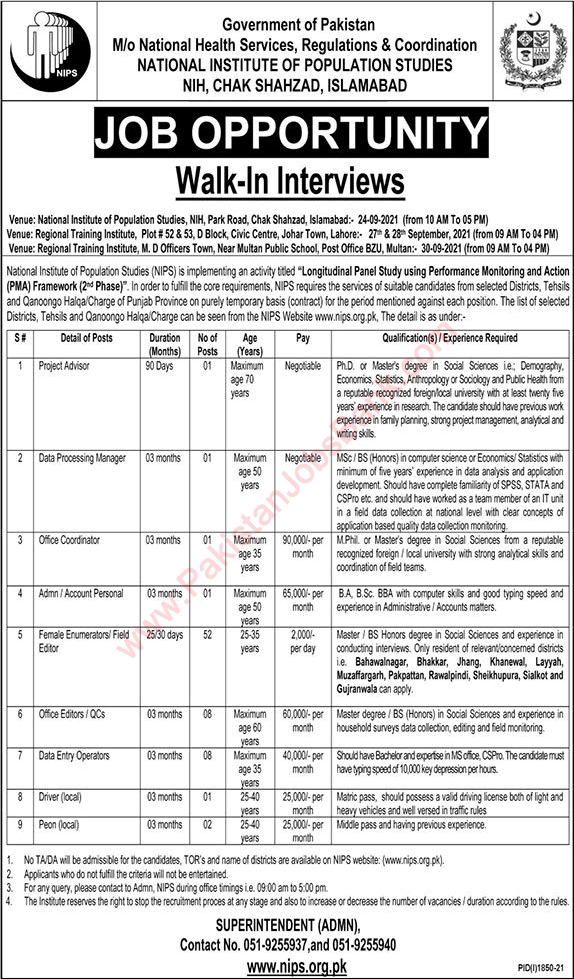 National Institute of Population Studies Jobs 2021 September Enumerators, Field Editors & Others Walk in Interviews Latest