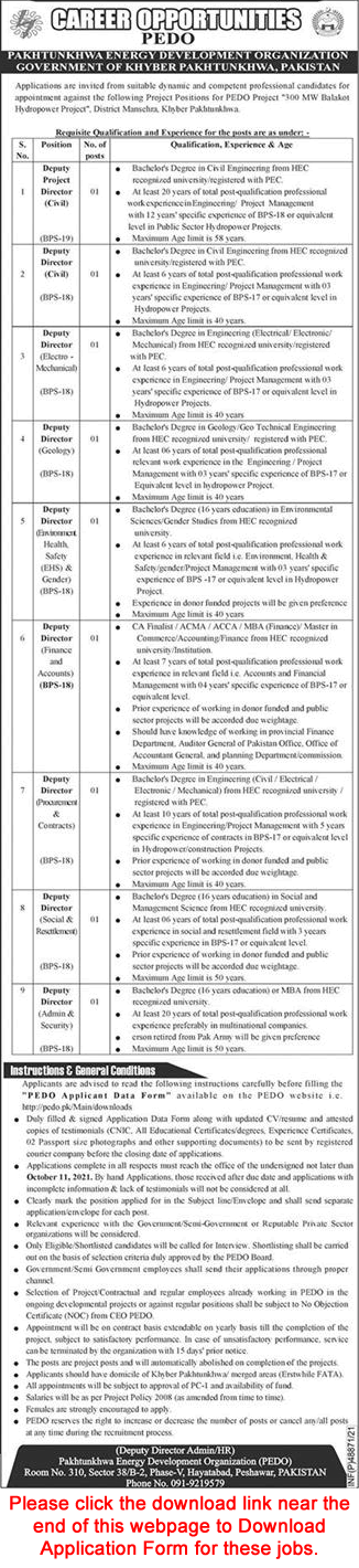 Pakhtunkhwa Energy Development Organization KPK Jobs September 2021 PEDO Application Form Latest