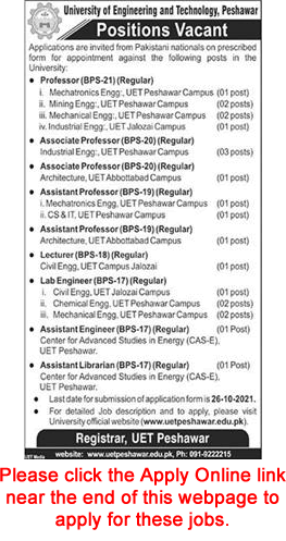 UET Peshawar Jobs September 2021 Online Application Form University of Engineering and Technology Latest