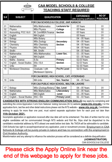 CAA Model Schools and College Jobs 2021 September NTS Online Apply Teaching Faculty Latest