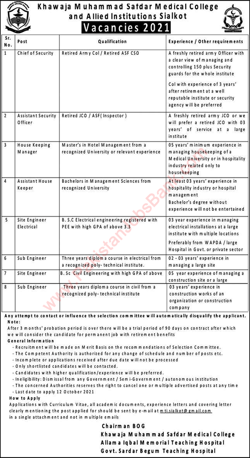 Khawaja Muhammad Safdar Medical College and Allied Institutions Sialkot Jobs September 2021 Sub Engineers & Others Latest