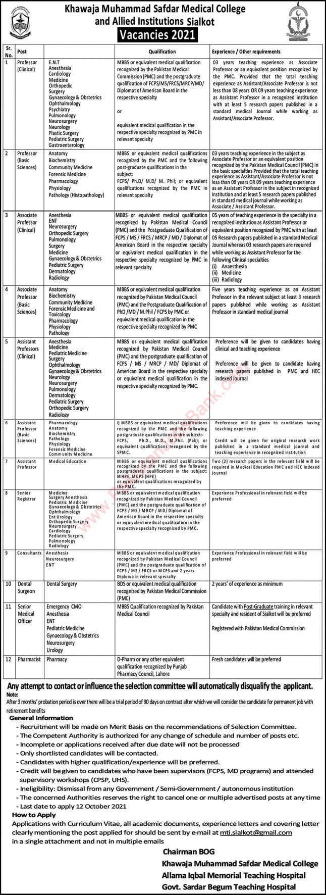 Khawaja Muhammad Safdar Medical College Sialkot Jobs September 2021 Teaching Faculty & Others Latest