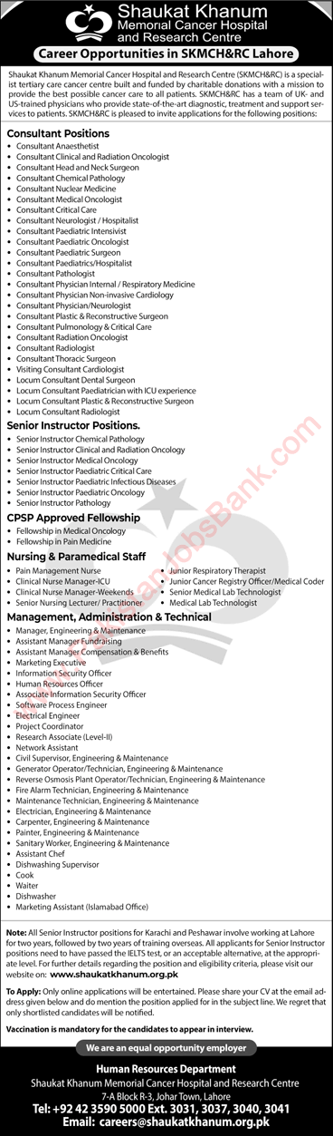 Shaukat Khanum Hospital Lahore Jobs October 2021 Medical Consultants, Nurses & Others SKMCH Latest