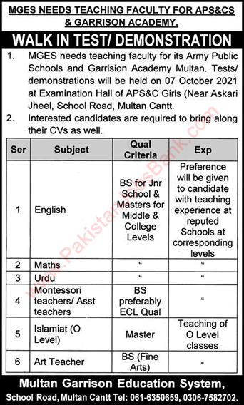 Teaching Faculty Jobs in Multan Garrison Education System 2021 October MGES APS&CS & Garrison Academy Latest