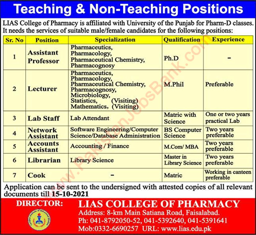 LIAS College of Pharmacy Faisalabad Jobs 2021 October Teaching Faculty & Others Latest