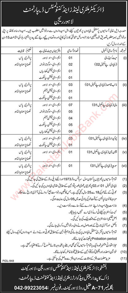 Military Lands and Cantonment Department Jobs 2021 October ML&C Punjab Mali & Others Latest