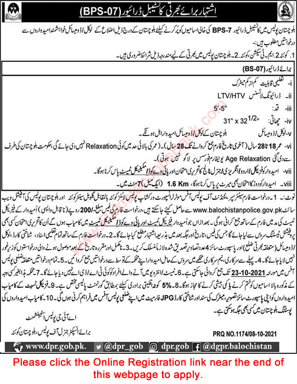 Constable Driver Jobs in Balochistan Police October 2021 Online Registration Latest