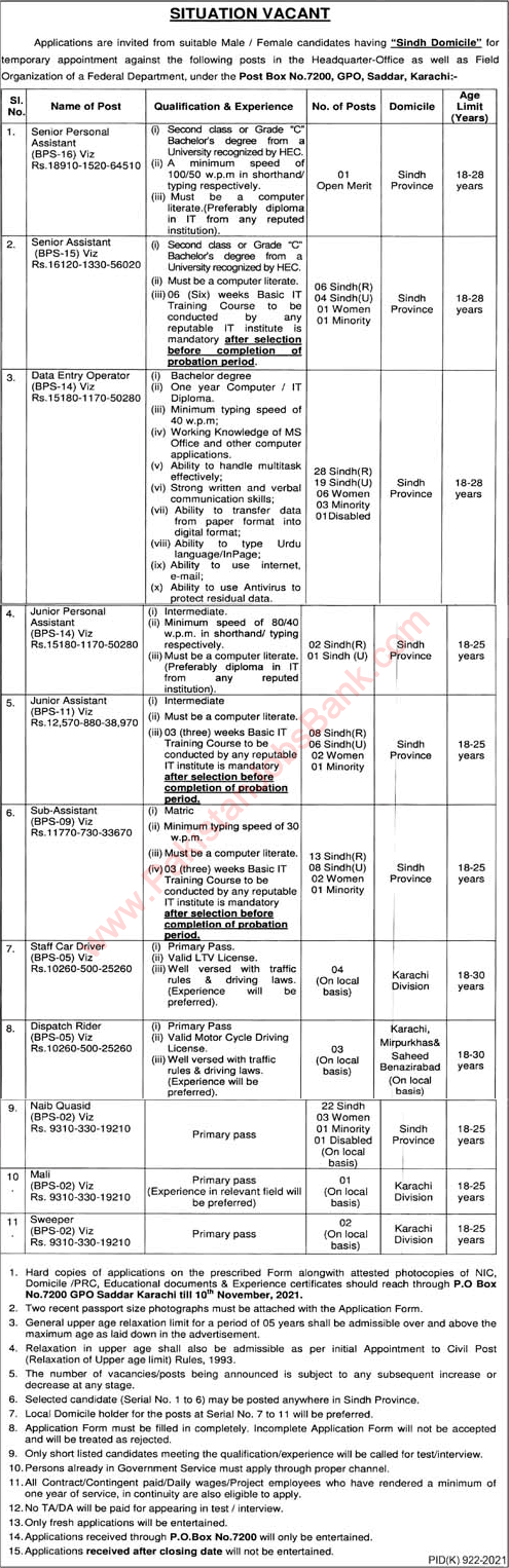 PO Box 7200 GPO Saddar Karachi Jobs 2021 October Data Entry Operators, Assistants & Others Latest