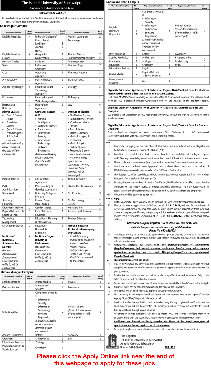 Lecturer Jobs in Islamia University of Bahawalpur October 2021 Online Apply IUB Latest