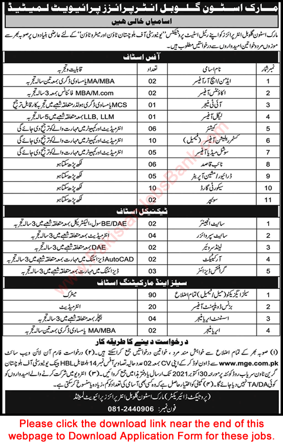 Mark Stone Global Enterprises Balochistan Jobs 2021 October Application Form Sales Executives & Others Latest