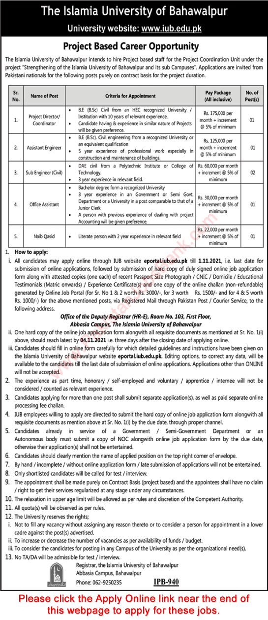 Islamia University Bahawalpur Jobs October 2021 IUB Apply Online Sub Engineers, Assistants & Others Latest