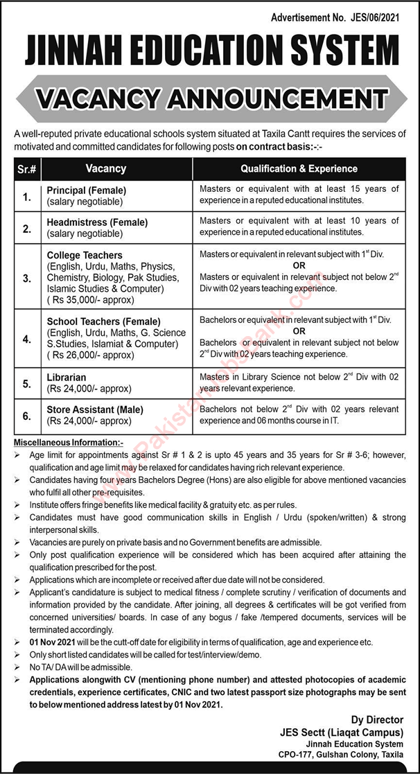 Jinnah Education System Taxila Jobs 2021 October Female Teachers & Others Latest