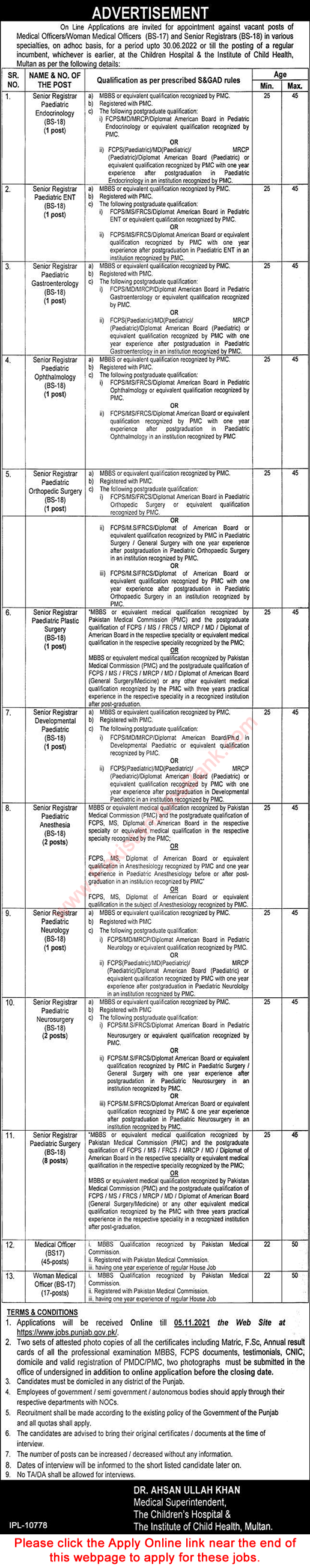 Children's Hospital Multan Jobs October 2021 Apply Online Medical Officers & Senior Registrars Institute of Child Health CHICH Latest