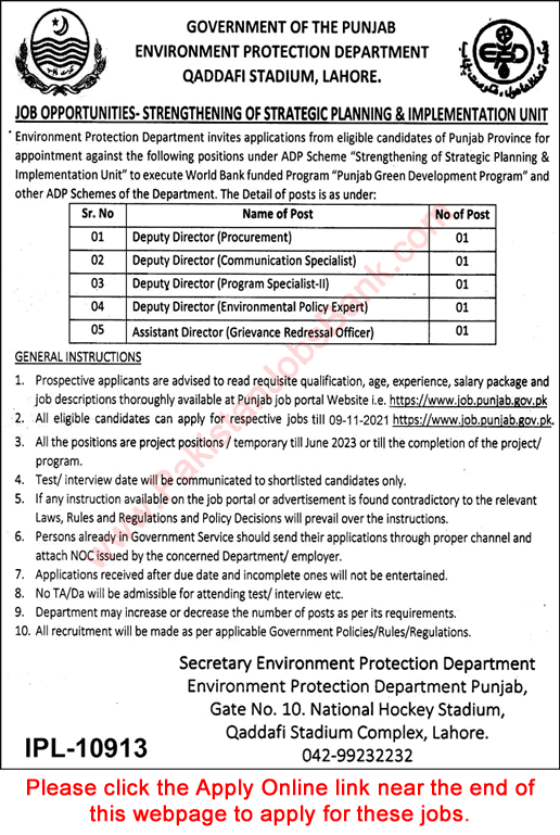 Environment Protection Department Punjab Jobs 2021 October Apply Online Assistant / Deputy Directors Latest