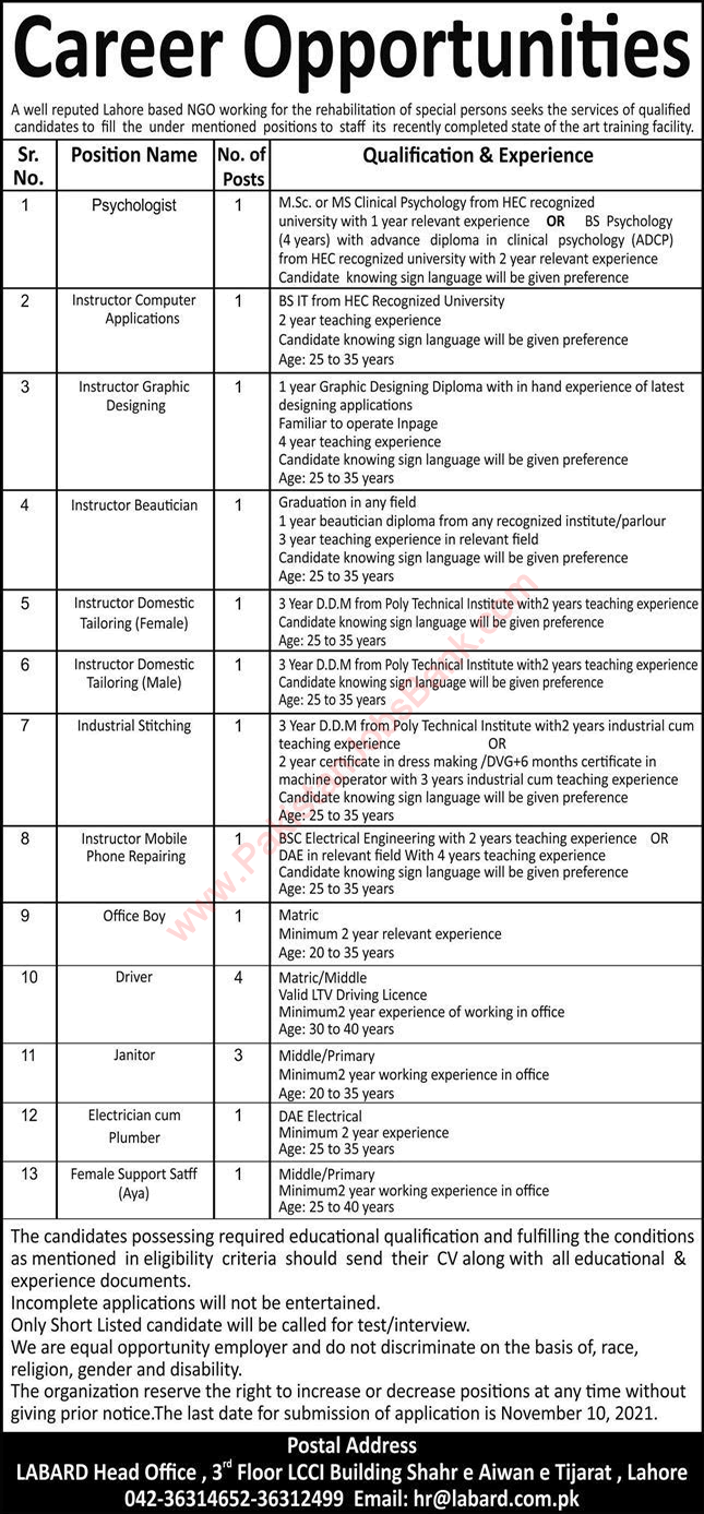 LABARD NGO Jobs 2021 October Lahore Businessmen Association for the Rehabilitation of Disabled Latest