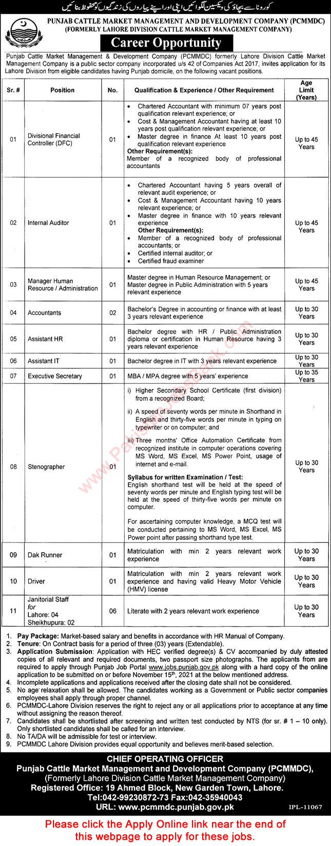 Punjab Cattle Market Management and Development Company Jobs October 2021 November PCMMDC Apply Online Latest