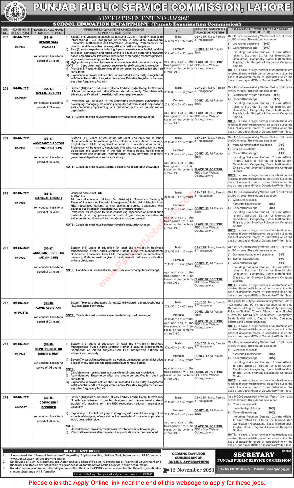 School Education Department Punjab Jobs October 2021 November PPSC Apply Online Latest