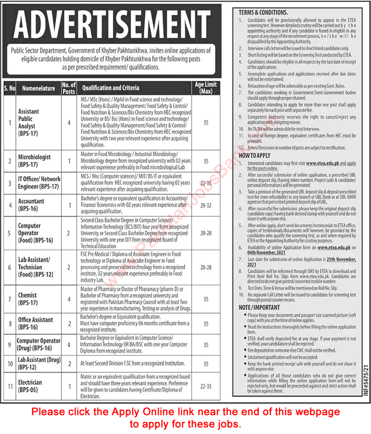 Public Sector Department KPK Jobs October 2021 November ETEA Apply Online Office Assistant & Others Latest