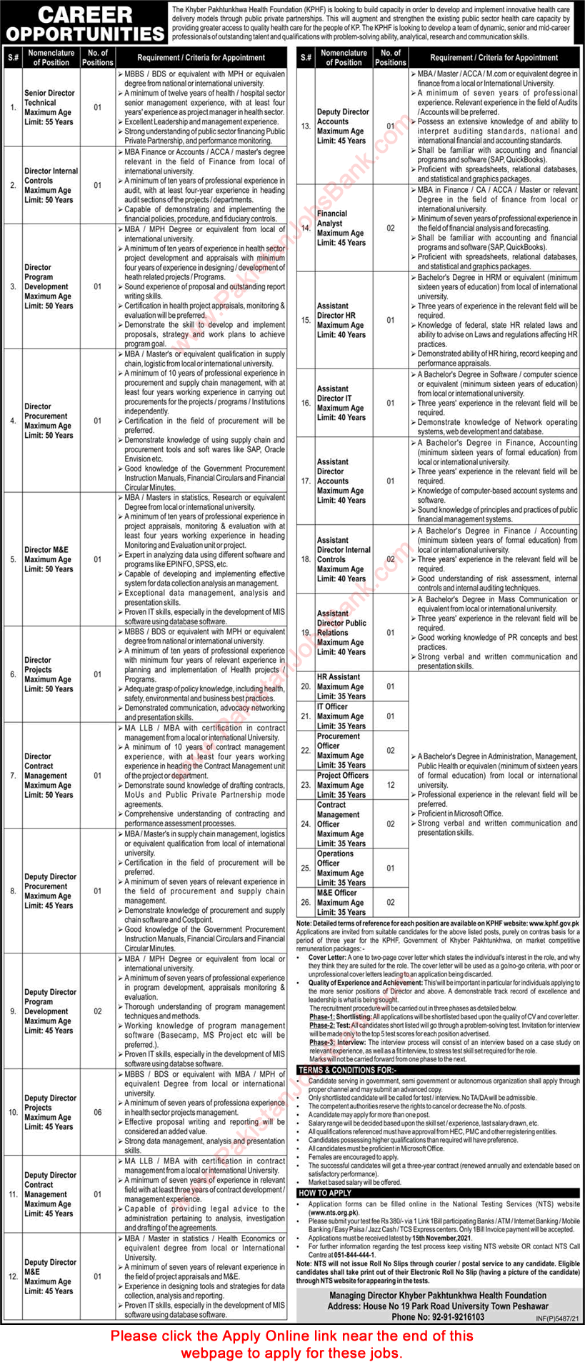 KPK Health Foundation Jobs 2021 November NTS Online Application Form Deputy / Assistant Directors & Others Latest