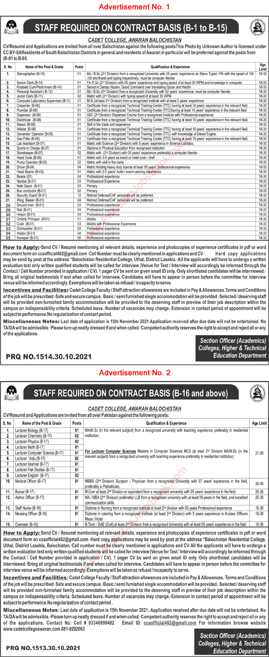 Cadet College Awaran Balochistan Jobs 2021 October / November Lecturers, Security Guards & Others Latest