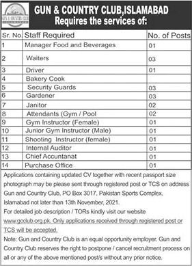 Gun and Country Club Islamabad Jobs 2021 November Waiters, Security Guards & Others Latest