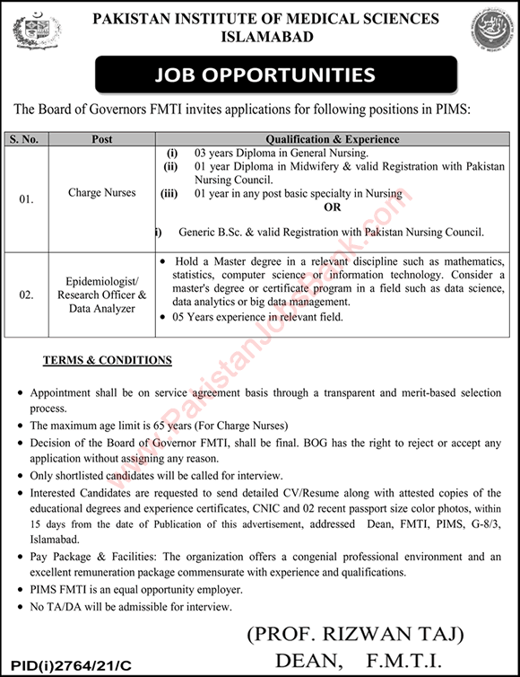 PIMS Hospital Islamabad Jobs November 2021 FMTI Nurses & Epidemiologist Latest