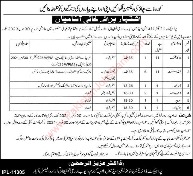 Ayub Agriculture Research Institute Faisalabad Jobs November 2021 Field Assistants & Others Latest