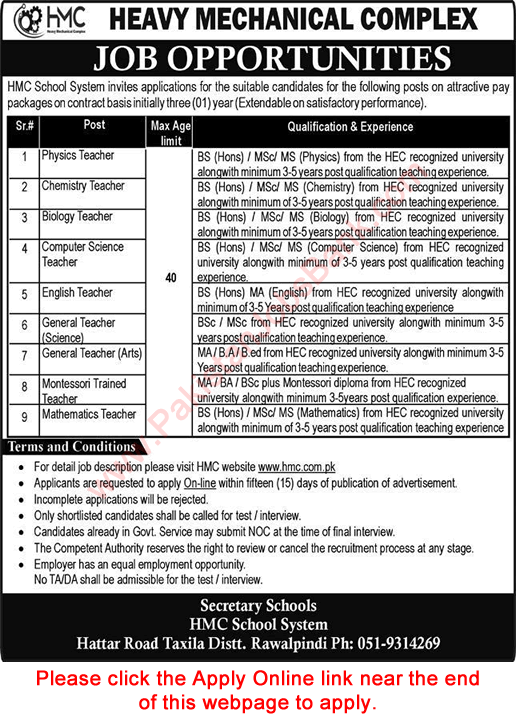 Teaching Jobs in HMC School System Taxila 2021 November Apply Online Heavy Mechanical Complex Latest