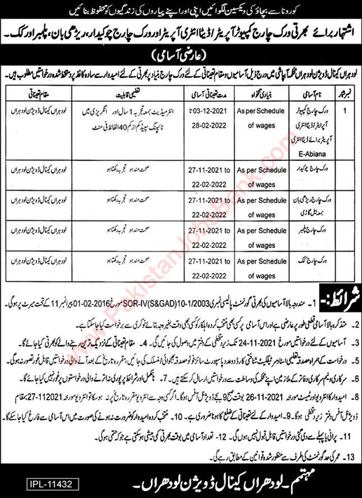 Irrigation Department Lodhran Jobs November 2021 Computer Operator & Others Latest