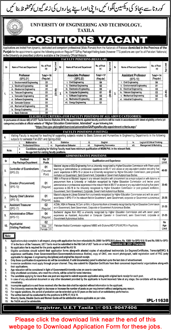 UET Taxila Jobs November 2021 Application Form University of Engineering and Technology Latest