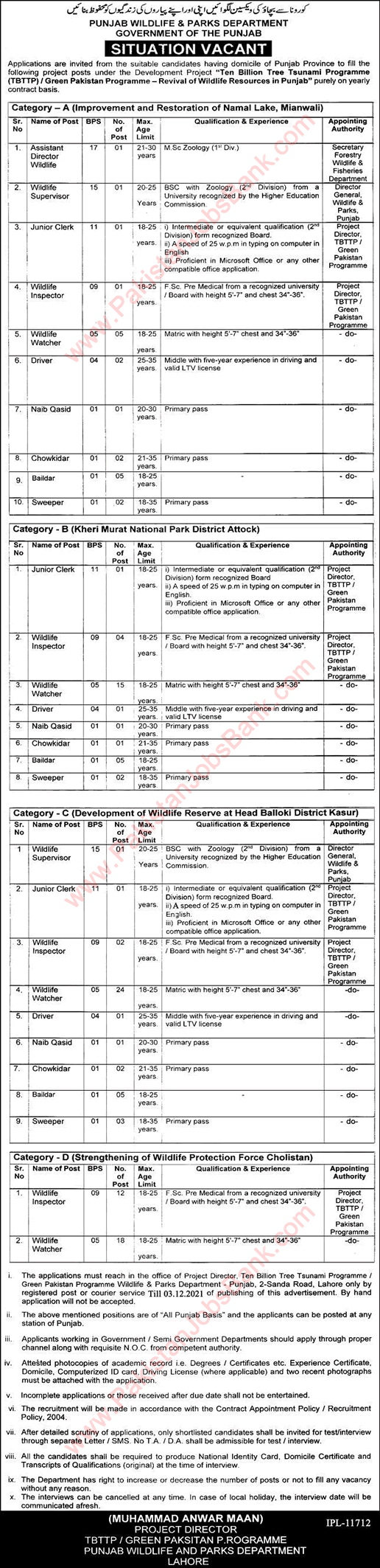 Punjab Wildlife and Parks Department Jobs November 2021 Wildlife Watchers, Inspectors & Others Latest
