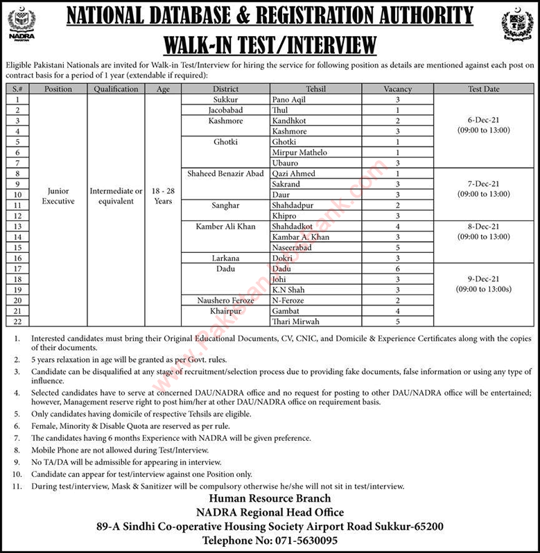 Junior Executive Jobs in NADRA Sukkur November 2021 Walk in Test / Interview Latest