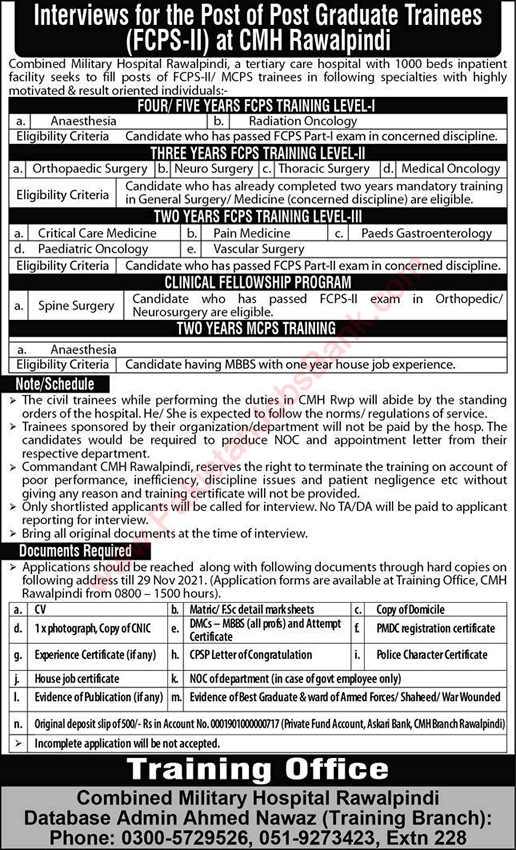 CMH Rawalpindi FCPS / MCPS Postgraduate Training November 2021 Combined Military Hospital Latest